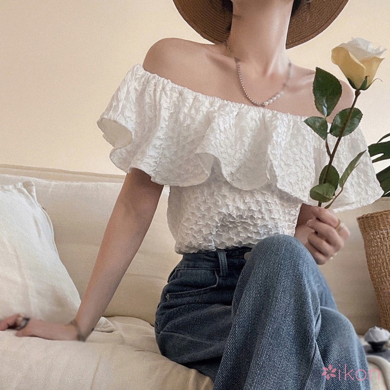 Áo Croptop Trễ Vai Tay Ngắn Màu Sắc Thanh Lịch
