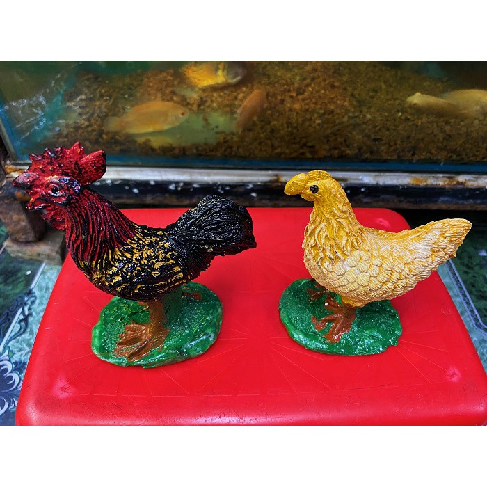 CẶP GÀ TRỐNG MÁI TRANG TRÍ HỒ CÁ NON BỘ 15X14X15CM