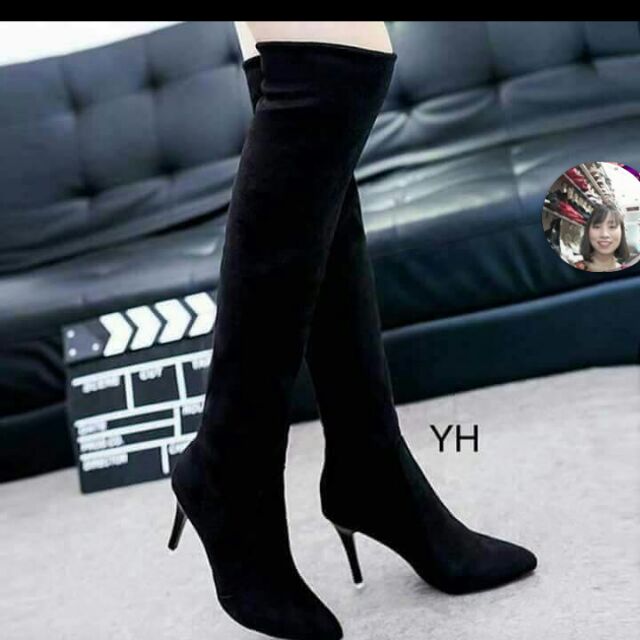 Bốt  gối  da lộn gót  nhọn
