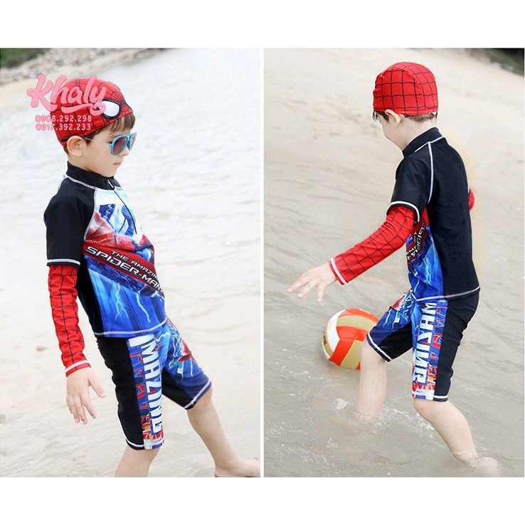 Set đồ bơi , đồ lặn áo quần rời trẻ em tặng kèm nón bơi hình người nhện Spiderman màu đỏ đen cho bé trai 96NDBSPMS3