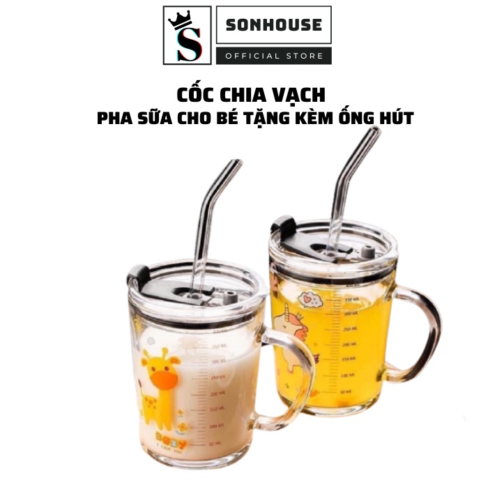 Cốc chia vạch pha sữa cho bé có ống hút dễ thương bằng thủy tinh