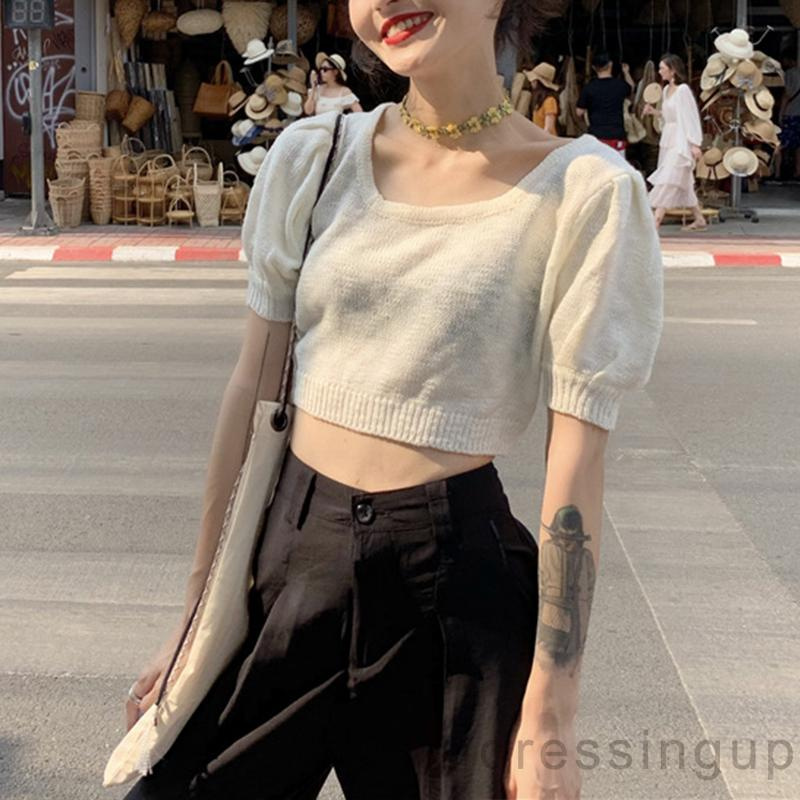 Áo dệt kim tay ngắn màu trơn hở eo thời trang mùa hè dành cho nữ