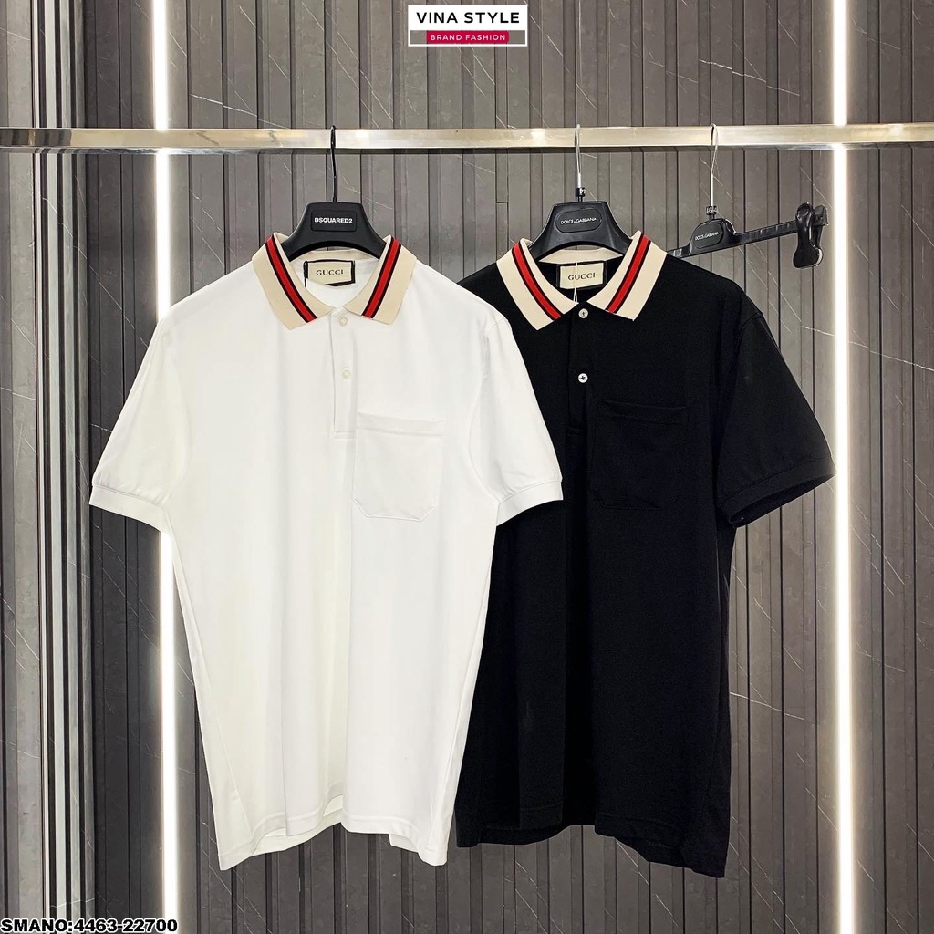 Áo polo GC cổ sọc, Áo phông polo trắng đen GC họa tiết cổ sọc, Áo polo GC 2 màu đen trắng cơ bản