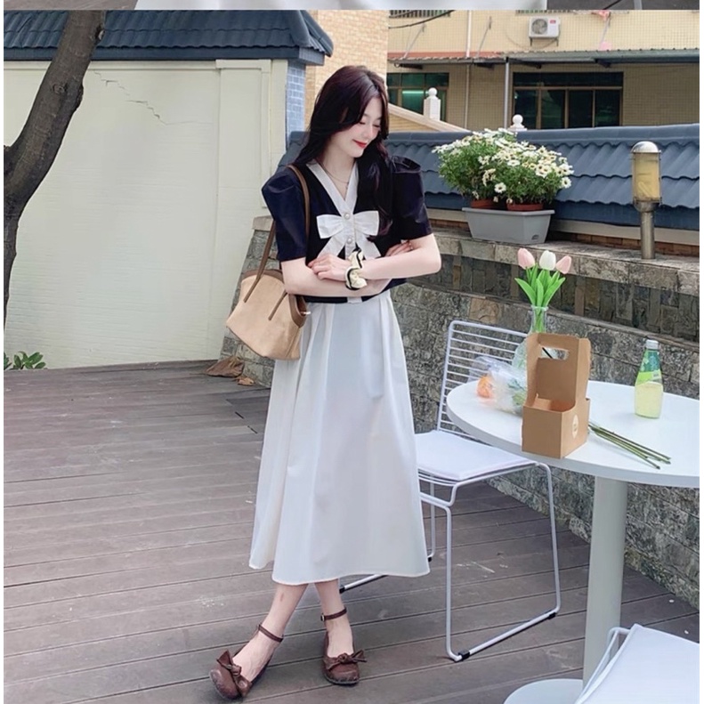 SET ÁO CROPTOP VIỀN NƠ TRẮNG + CHÂN VÁY MIDI TRẮNG