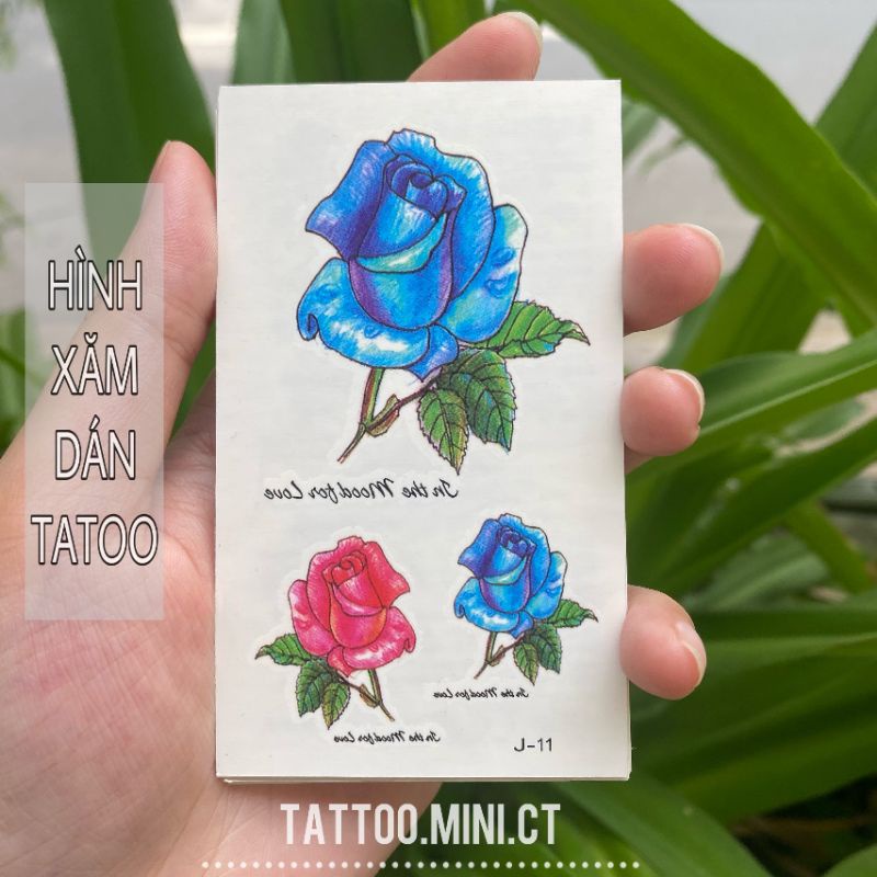 Hình xăm tatoo hoa hồng xanh e26. Xăm dán tatoo mini tạm thời, size &lt;10x6cm