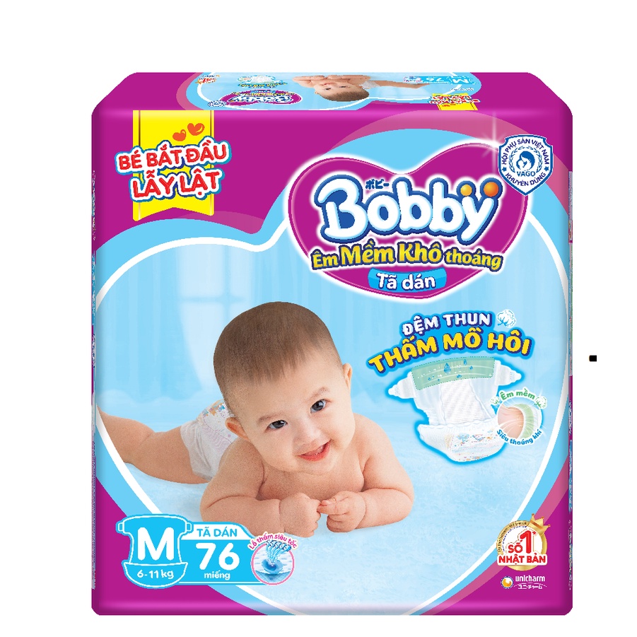 Tã dán Bobby S84/M76/L68/XL62/XXL56 mới- Lõi nén cotton-soft 3mm