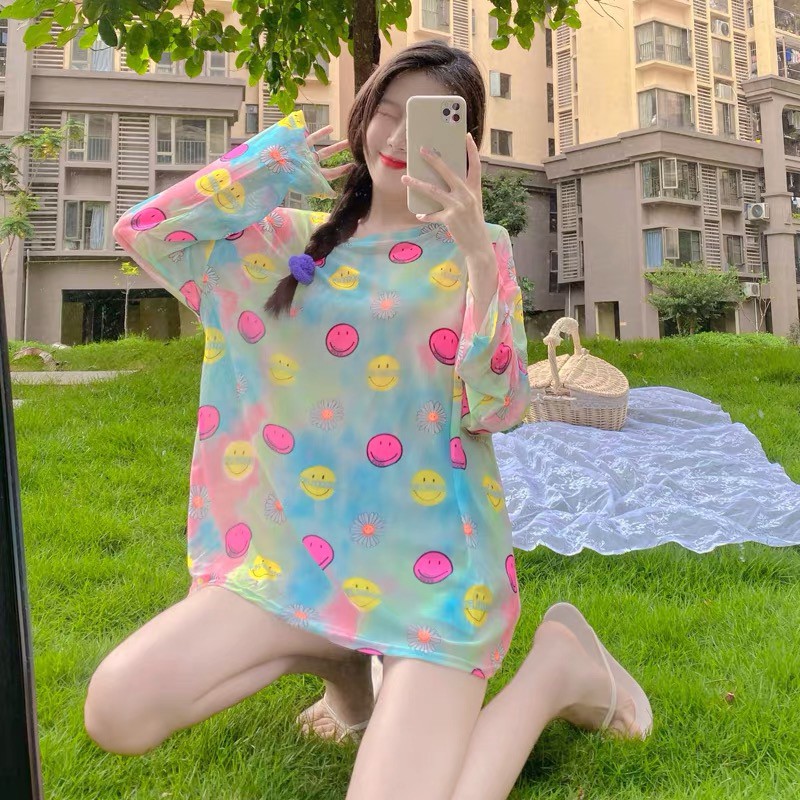 Áo dài tay mỏng hoạ tiết mặt cười dễ thương chất lưới mềm có hình ảnh cận chất order ADTL001