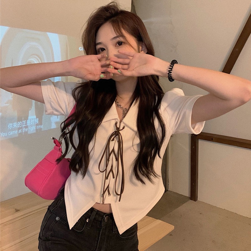 Áo Thun Tay Ngắn Cổ Polo Phối Dây Cột Thời Trang Mùa Hè Xinh Xắn Cho Nữ