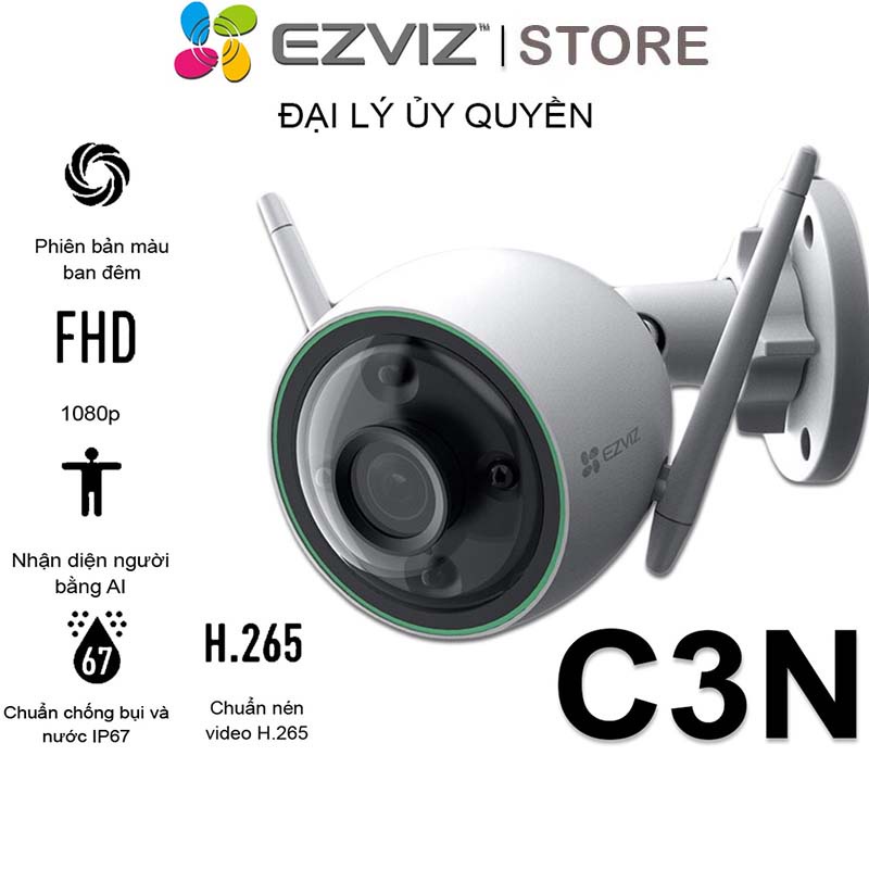 Camera Wifi EZVIZ Ngoài Trời C3N 2.0MP 1080P có màu ban đêm, Tính năng AI, Phát hiện chuyển động