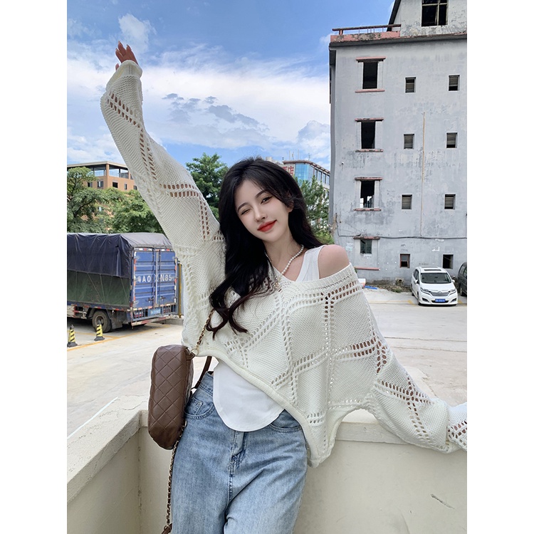 Áo dệt kim ZHELIHANGFEI tay dài dáng rộng lưng cao quyến rũ cho nữ