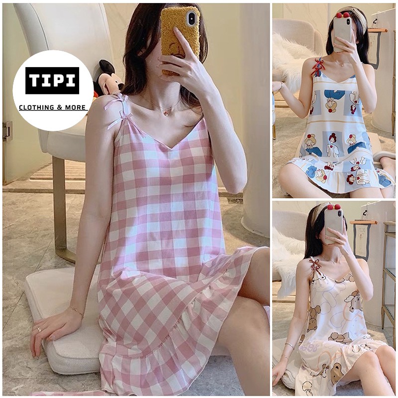 Váy ngủ hai dây đầm ngủ thun mềm mịn có đệm ngực đuôi xếp li  P3-D3