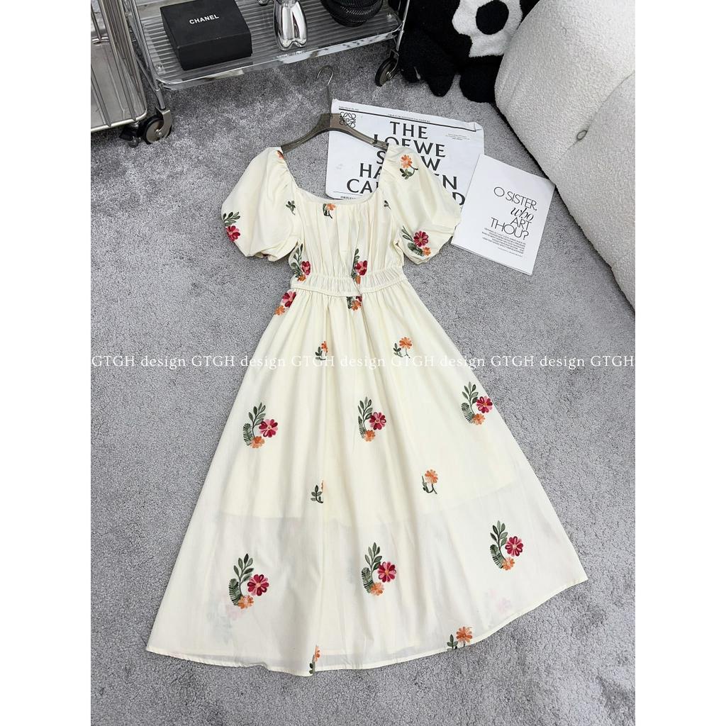 Siuu phẩm váy hoa thêu chun eo tay bồng dáng dài so hott Hàng QC