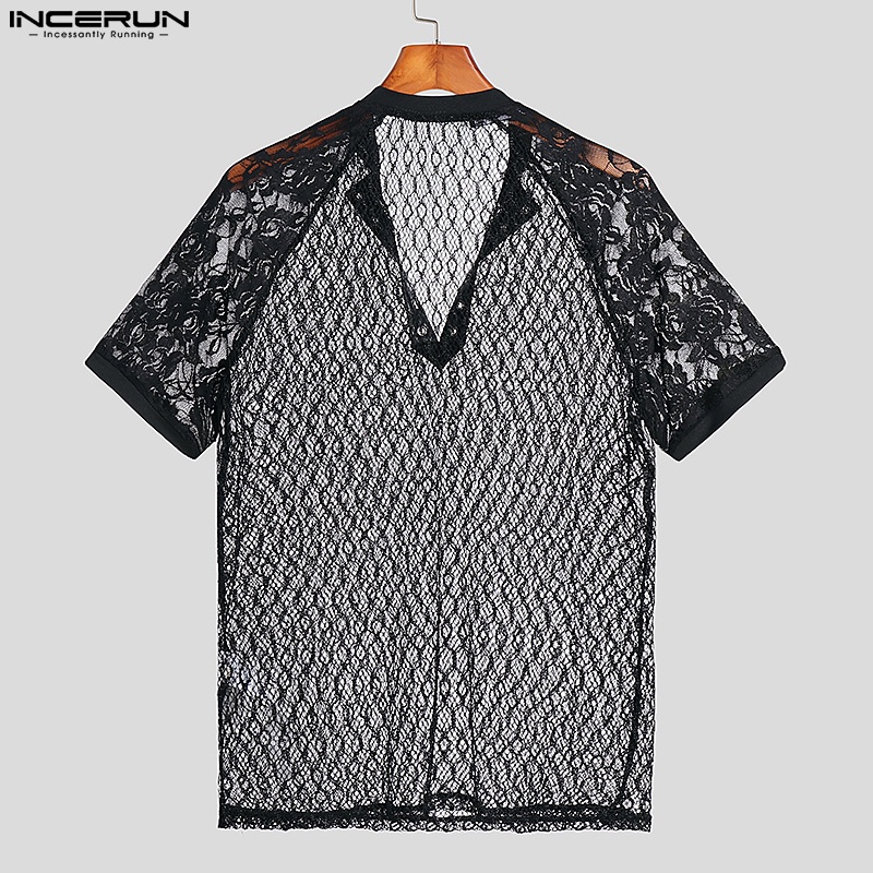 INCERUN Áo Lưới Xuyên Thấu Ngắn Tay Cổ V Gợi Cảm Cho Nam