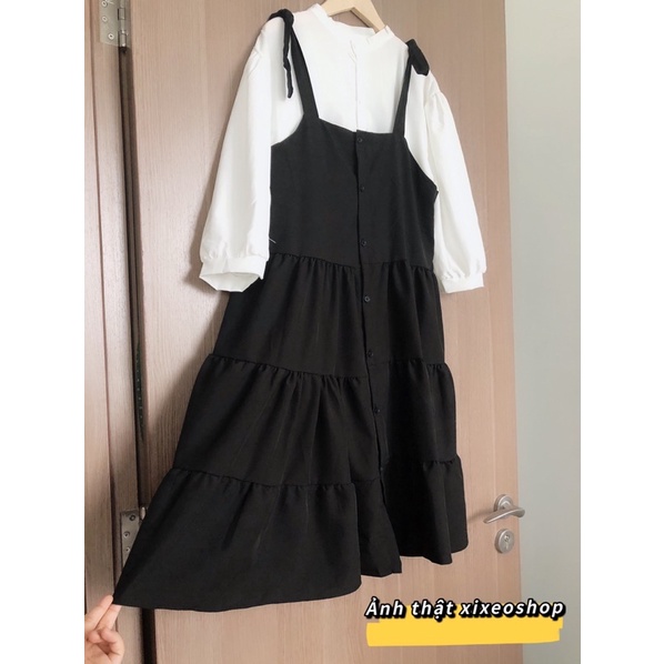 Váy yếm nữ kèm áo sơ mi trắng phong cách Hàn Quốc xixeoshop - v1 | BigBuy360 - bigbuy360.vn