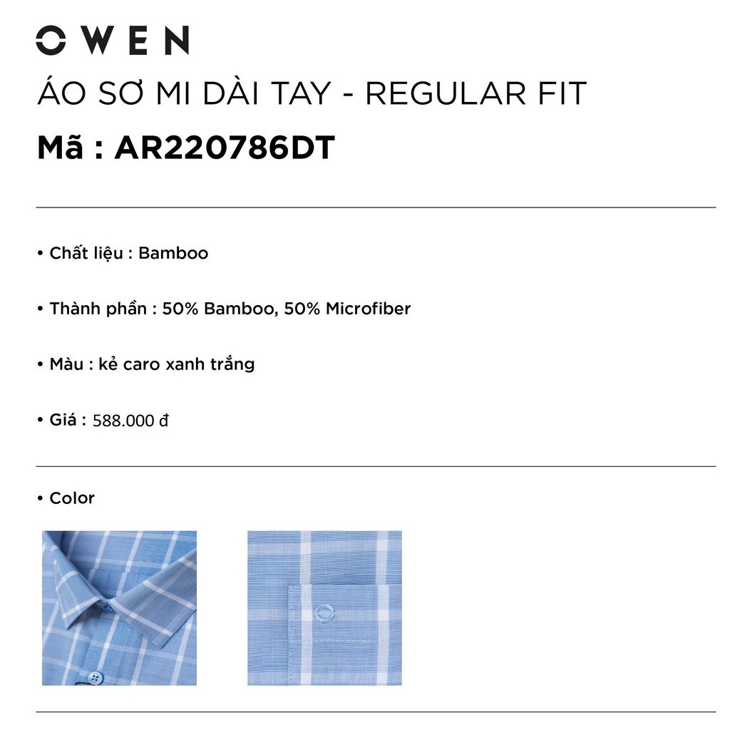 Áo Sơ Mi Nam Dài Tay OWEN AR220786DT Somi Công Sở Vải Sợi Tre Cao Cấp Kẻ caro xanh trắng Dáng Regular Fit Tà Lượn Có Túi