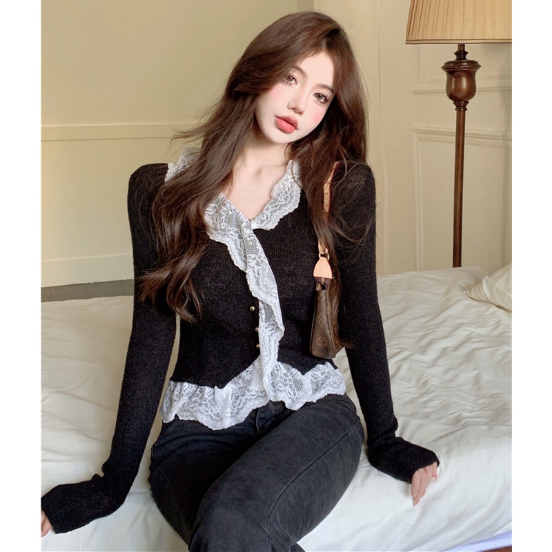 Áo kiểu tay dài phối ren hoa thiết kế hợp thời trang