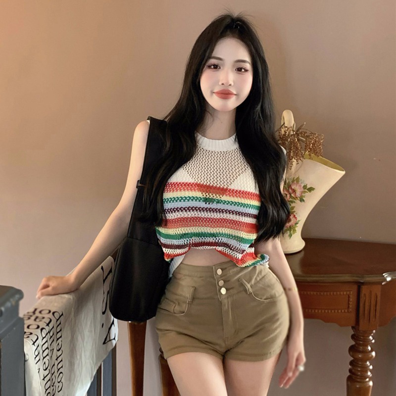 Áo Tank Top Không Tay Cổ Tròn Họa Tiết Kẻ Sọc Màu Tương Phản Thời Trang Hàn Quốc Cho Nữ