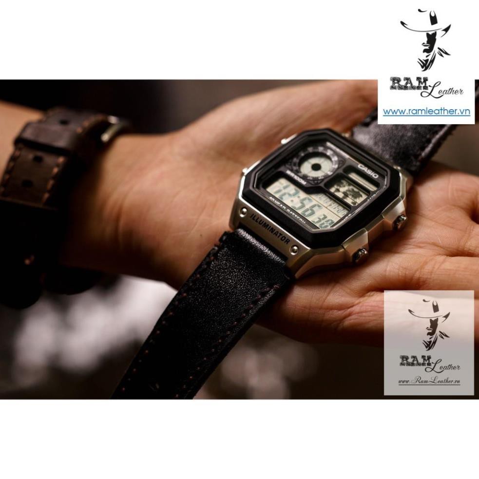 Dây đồng hồ da bò cho Casio AE1200 WHD và Seiko 5 37mm - Da bò đen tuyền (Tặng Khóa + Cây thay dây + 2 chốt) . . . .