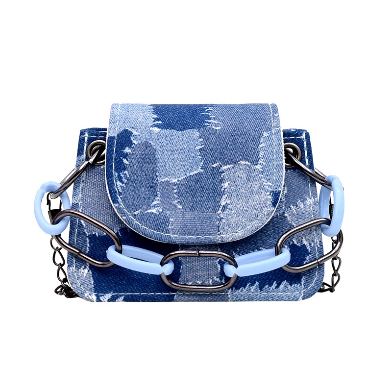 Túi đeo vai IELGY bằng denim có dây đeo dạng xích thời trang dành cho nữ