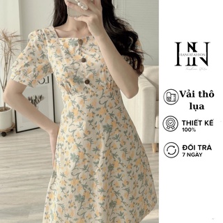 Váy tiểu thư hoa nhí dáng xòe cổ vuông đính cúc dọc dừa, đầm hoa nhí tiểu thư