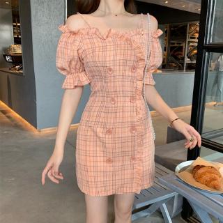 Women's off shoulder orange plaid midi dress