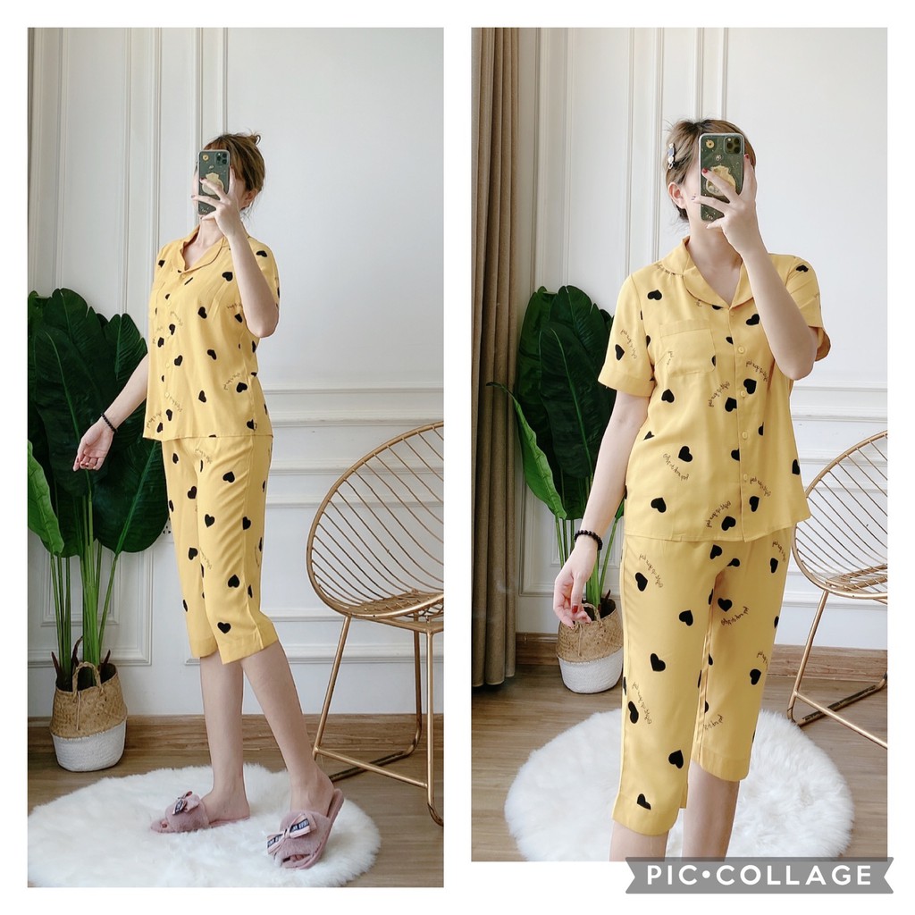 [Mã SKAMA07 giảm 8% đơn từ 250k] Đồ bộ nữ, bộ lanh nữ, bộ pyjama LỬNG mặc nhà nữ họa tiết trái tim đen BOH58