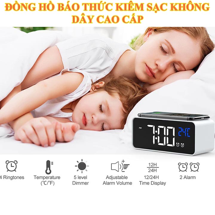 Đồng Hồ Báo Thức Điện Tử LED Kiêm Sạc Điện Thoại Không Dây Cao Cấp