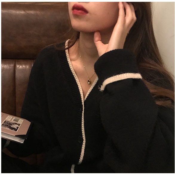 Áo khoác cardigan dệt kim ZHELIHANGFEI tay dài cổ chữ V lưng cao màu đen thời trang trẻ trung