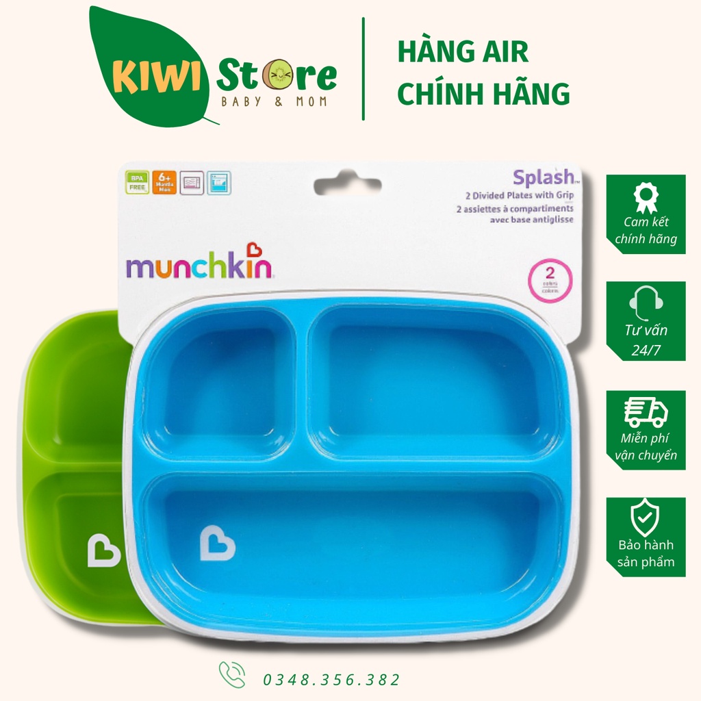 Set 2 khay ăn dặm chia ngăn chống trượt Munchkin cho bé ( Xanh lá + Xanh biển )