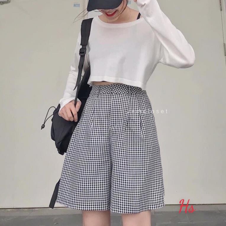 Bộ Áo Croptop Quần Sooc Kẻ , Áo Crt Dài Tay Quần Đùi Ống Rộng x035