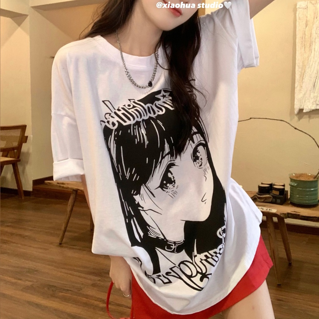 SUXI Áo Thun Tay Ngắn Cổ Tròn Dáng Rộng In Họa Tiết Thời Trang Mùa Hè Xinh Xắn Cho Nữ