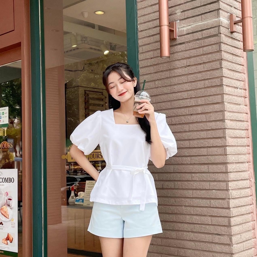 Áo cổ vuông tay phồng thắt nơ eo