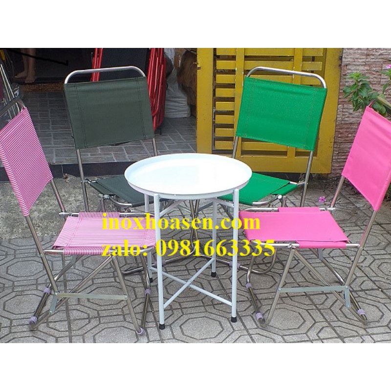 Bàn ghế cafe xếp, trọn bộ 4 ghế xếp inox vải đen và 1 bàn trà chanh