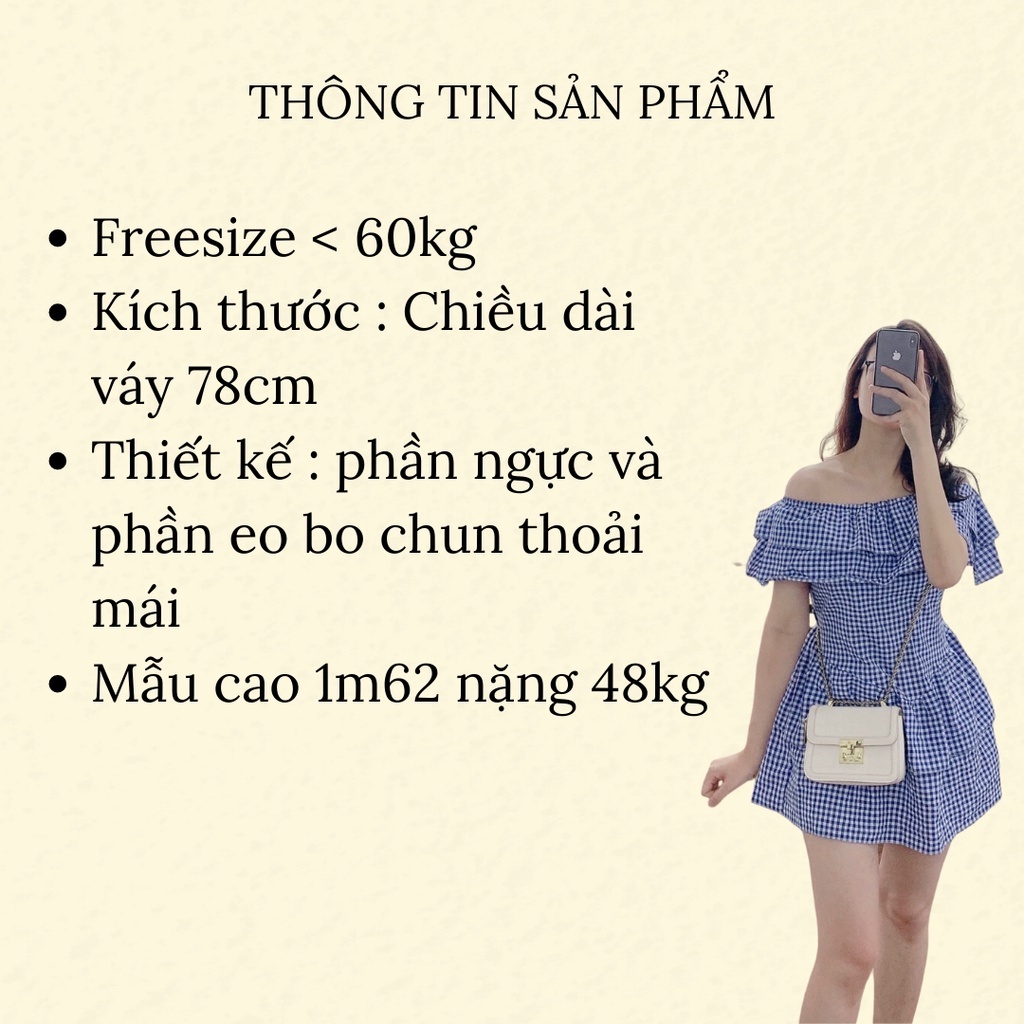 Váy/đầm trễ vai caro xanh ôm body, váy nhúm vai tiểu thư hot hit mùa hè, đi biển | BigBuy360 - bigbuy360.vn