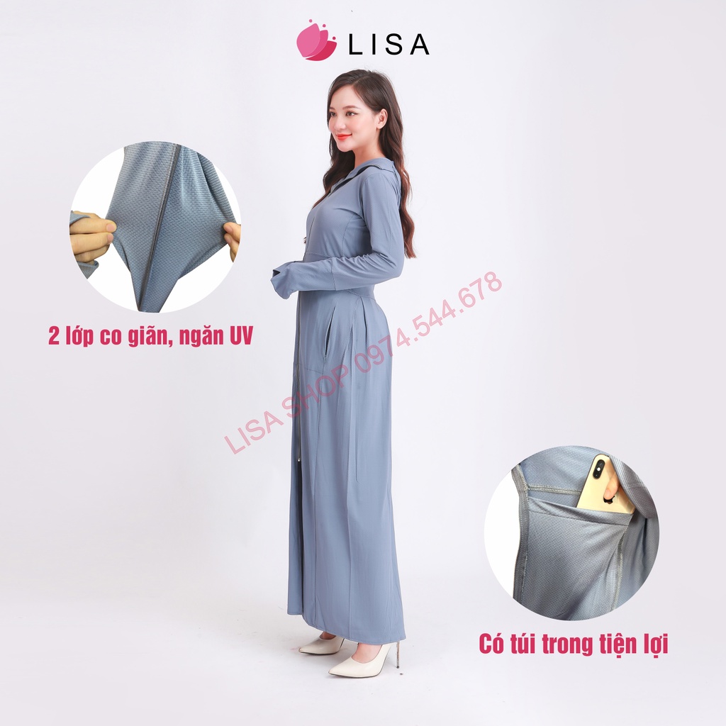 Áo chống nắng nữ toàn thân 2 lớp dáng dài, váy chống nắng áo choàng liền thân vải thông hơi làm mát cao cấp, Lisa M41