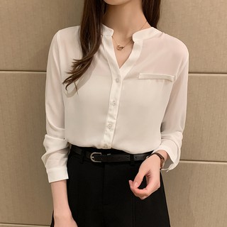 Áo Sơ Mi Chiffon Nữ Tay Dài Màu Trắng Phong Cách Hàn Quốc