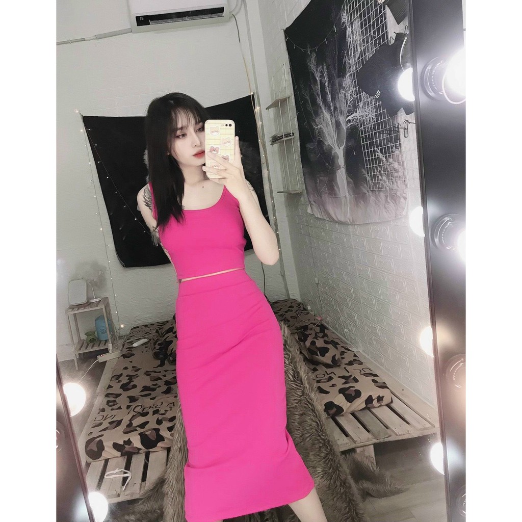 Sét bộ áo hai dây bản phối chân váy dài body trơn cực xinh , chất thun bozip mềm mịn dày dặn ( ảnh thật )
