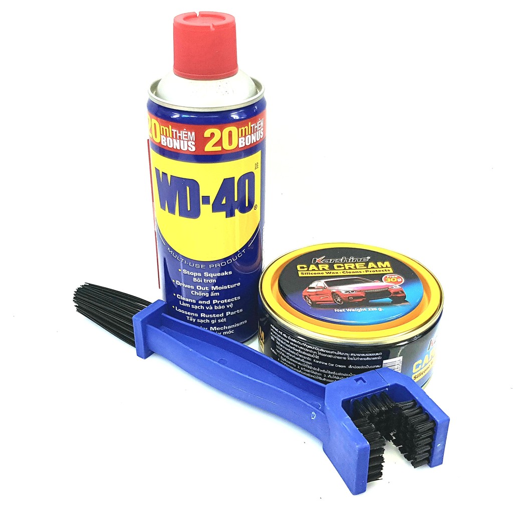 Bộ ba chai xịt bôi trơn đa năng WD40 300ml, Kem đánh bóng sơn xe Karshine 220gr và Bàn chải