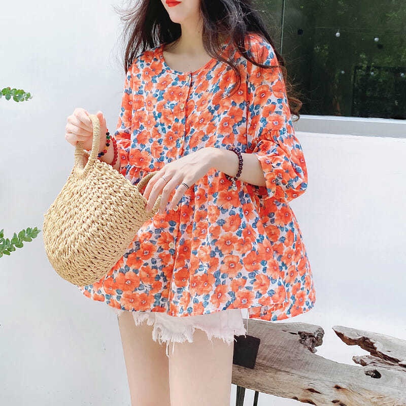 Áo Sơ Mi Cổ Tròn Dáng Rộng In Họa Tiết Hoa Phong Cách Hàn Quốc Thời Trang Mùa Hè Xinh Xắn Cho Nữ