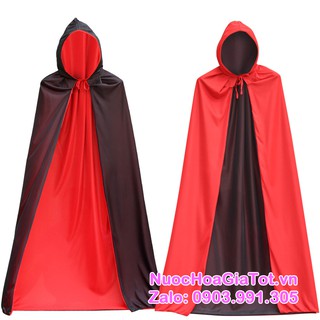 Áo choàng hai lớp đỏ đen có mũ trùm hóa trang Halloween phù thủy cướp biển ma cà rồng bé trai gái nam nữ