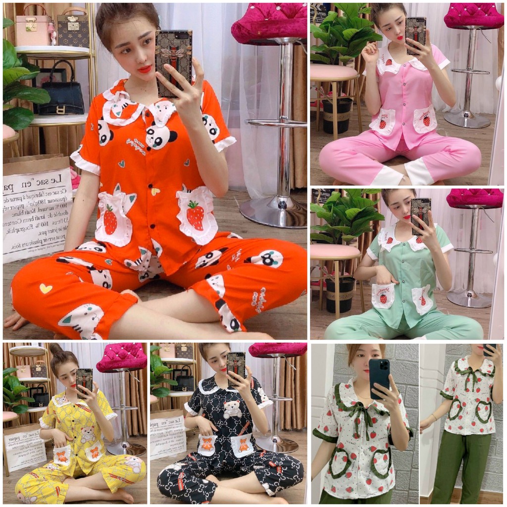 Đồ Bộ Pijama Dài Phối Hai Túi Tiểu Thư Xinh Xắn, Vải Kate Lụa Mềm Mịn Thoáng Mát, Freesize Dưới 57kg