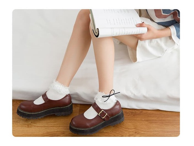 Tất nhún lolita cổ thấp viền ren đính nơ tiểu thư