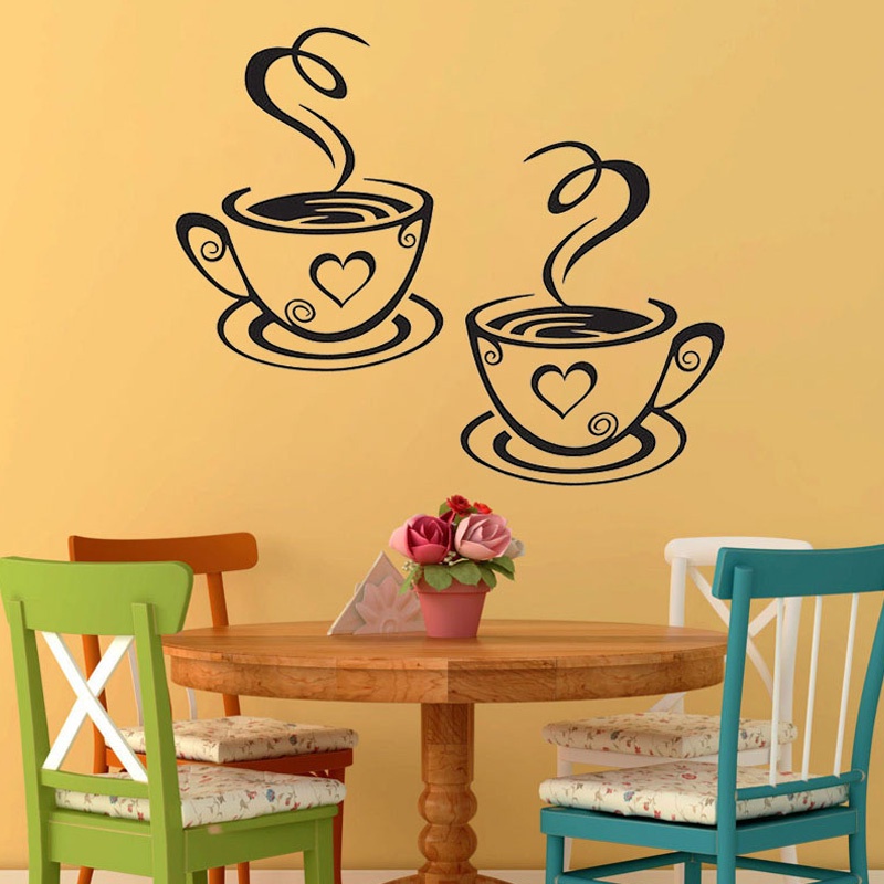Literature and art DIY Decorative Removable Double Coffee Cups Wall Sticker PVC Vinyl Art Walls Decals Adhesive Stickers Kitchen Room Decor 