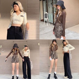 Áo croptop tay dài cổ V cài cúc thun mềm