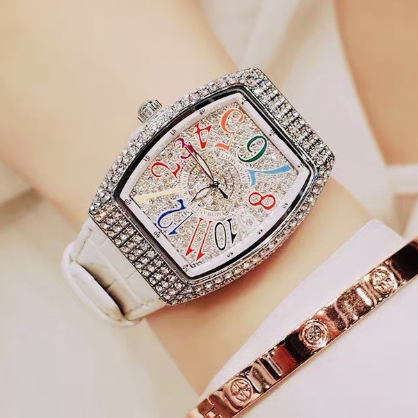 Đồng hồ Frank Muller, đồng hồ nữ, mặt vuông đính đá, số chỉ giờ 7 màu trẻ trung sang trọng dây da bền đẹp