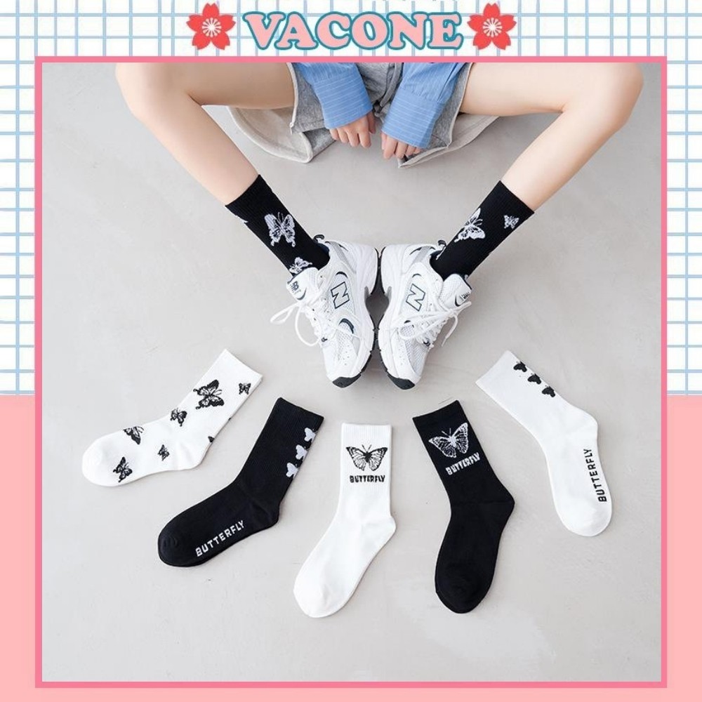 Tất cổ cao Vacone vớ unisex trắng đen họa tiết butterfly cực chất TN38