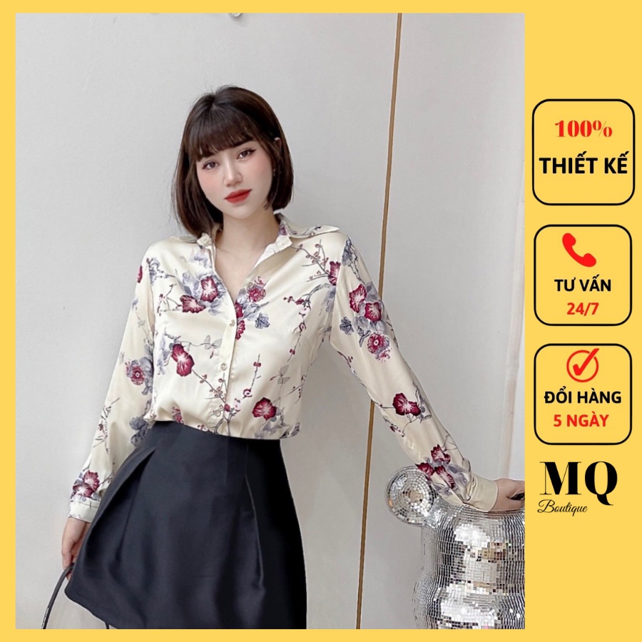 Áo sơ mi nữ lụa dài tay cao cấp công sở họa tiết hoa đỏ hồng cánh đá nền be , áo sơ mi họa tiết thiết kế MQ Boutique