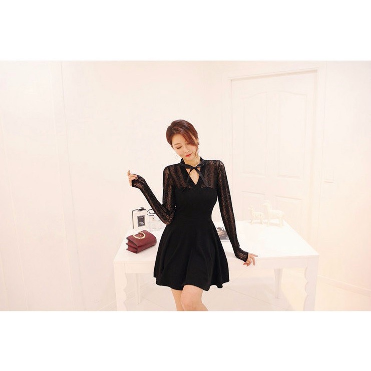 W4547 Đầm xòe phối ren thắt nơ cao cấp cho người mập hàng nhập