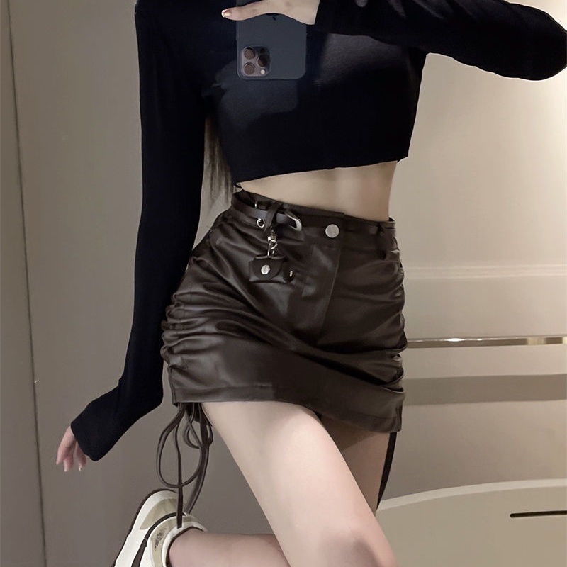 COZOK Chân váy da lưng cao thiết kế dây rút thời trang cho nữ