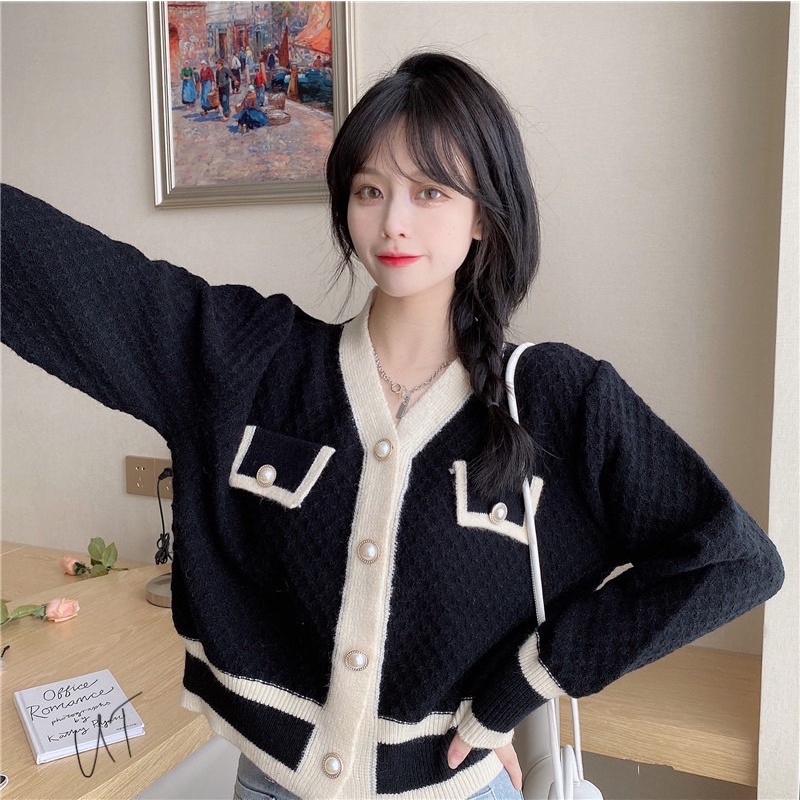 Áo cadigan len khuy ngọc viền túi dài tay cổ tim KL1847 - NhiNhi Shop